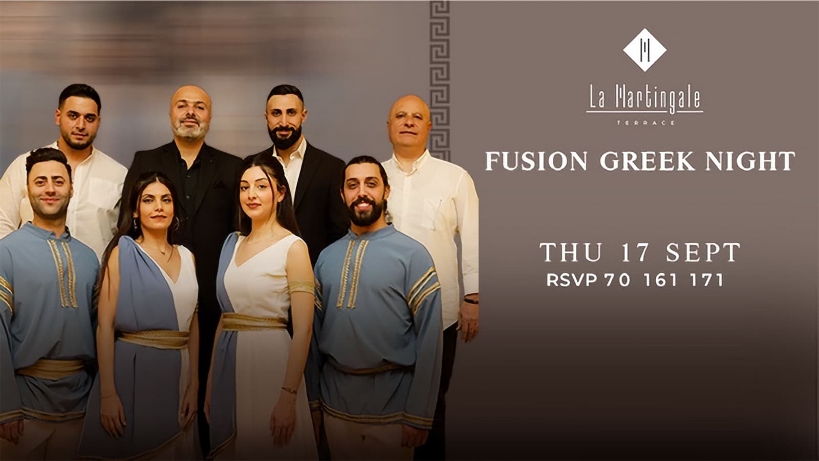 Fusion Greek Night poster: eight musicians in pale blue and white Greek costume beside the La Martingale Terrace mark, Thursday 17 September, RSVP 70 161 171