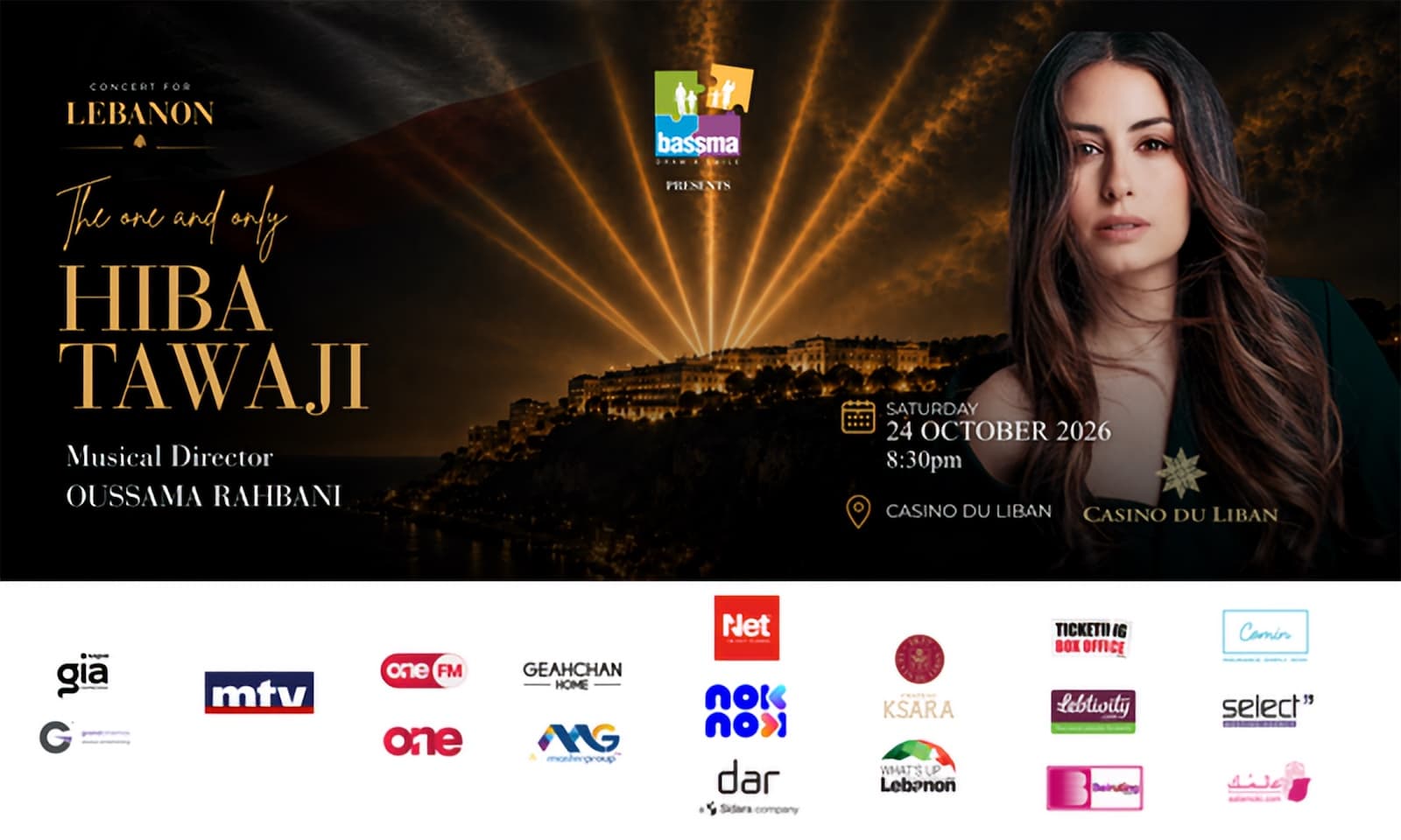 Hiba Tawaji poster: the singer at right over a night view of the Casino du Liban hillside lit with beams, BASSMA presents, musical director Oussama Rahbani, Saturday 24 October 2026, 8:30pm, sponsor logos below